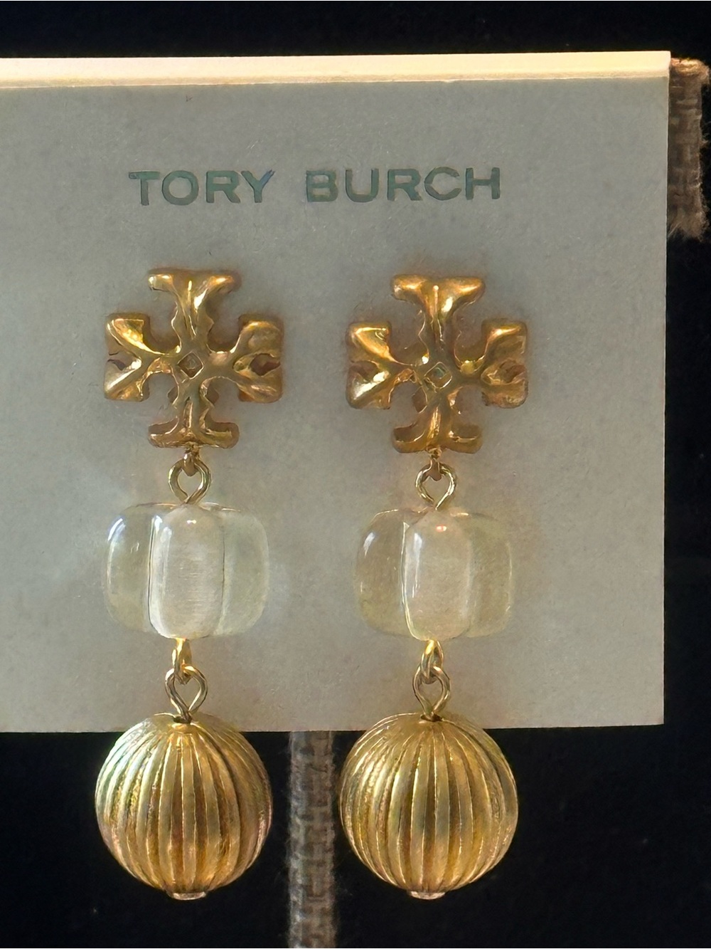 Tory Burch Gold Logo Drop Earrings with Clear Beads